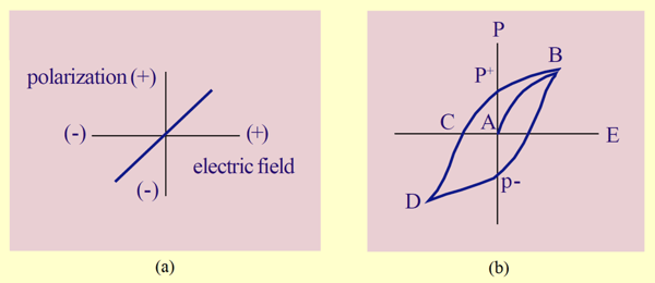 Polarization of linear dielectric (a) vs. ferroelectric dielectric (b)